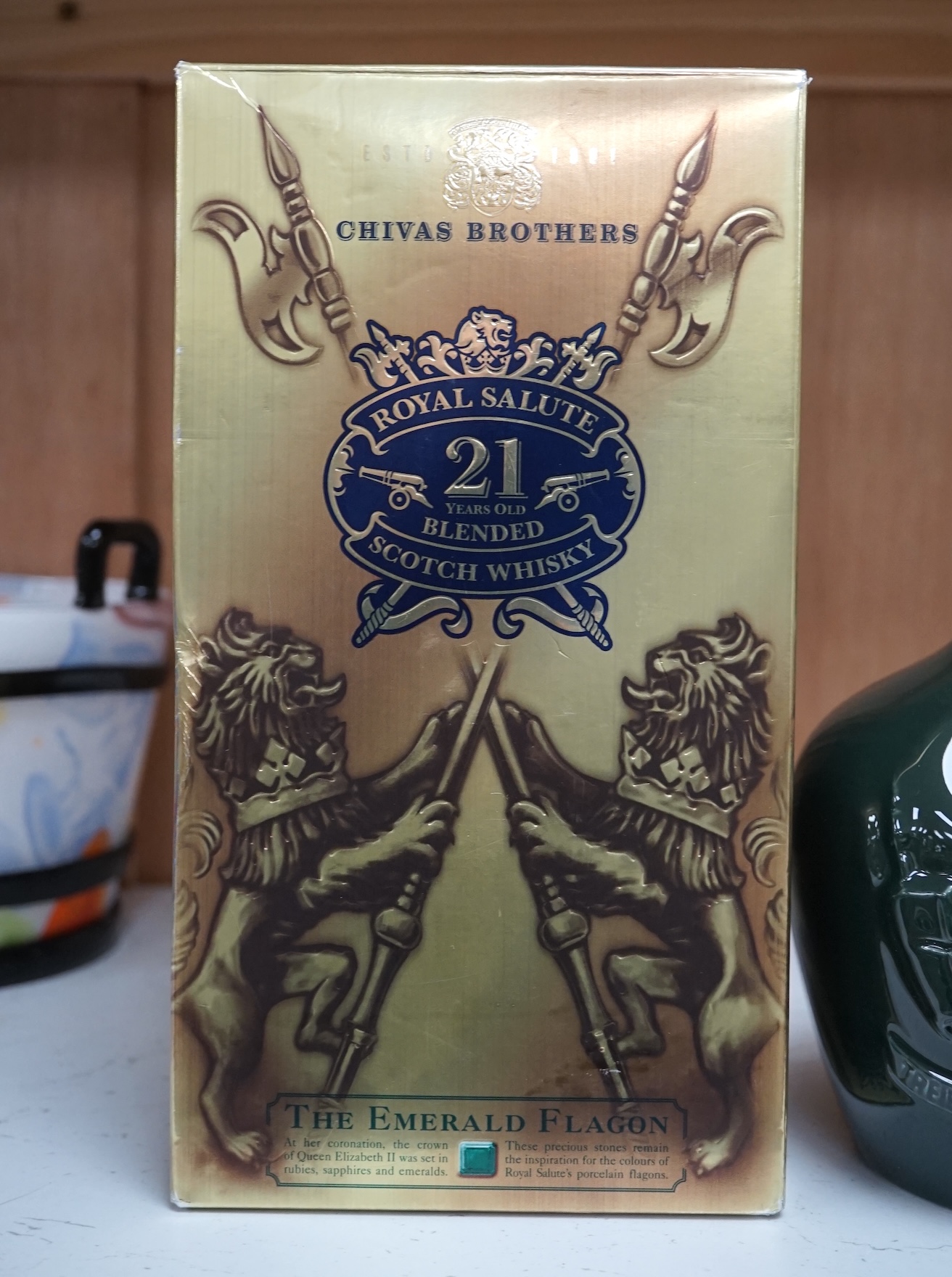 A boxed bottle of Chivas Brothers Royal Salute 21 year old blended scotch whisky, Emerald Flagon, with velvet bag. Condition - good, some minor wear to box